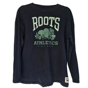 Roots Athletics Canada Long Sleeve T Shirt Beaver Graphic‎ Navy Blue XS TP